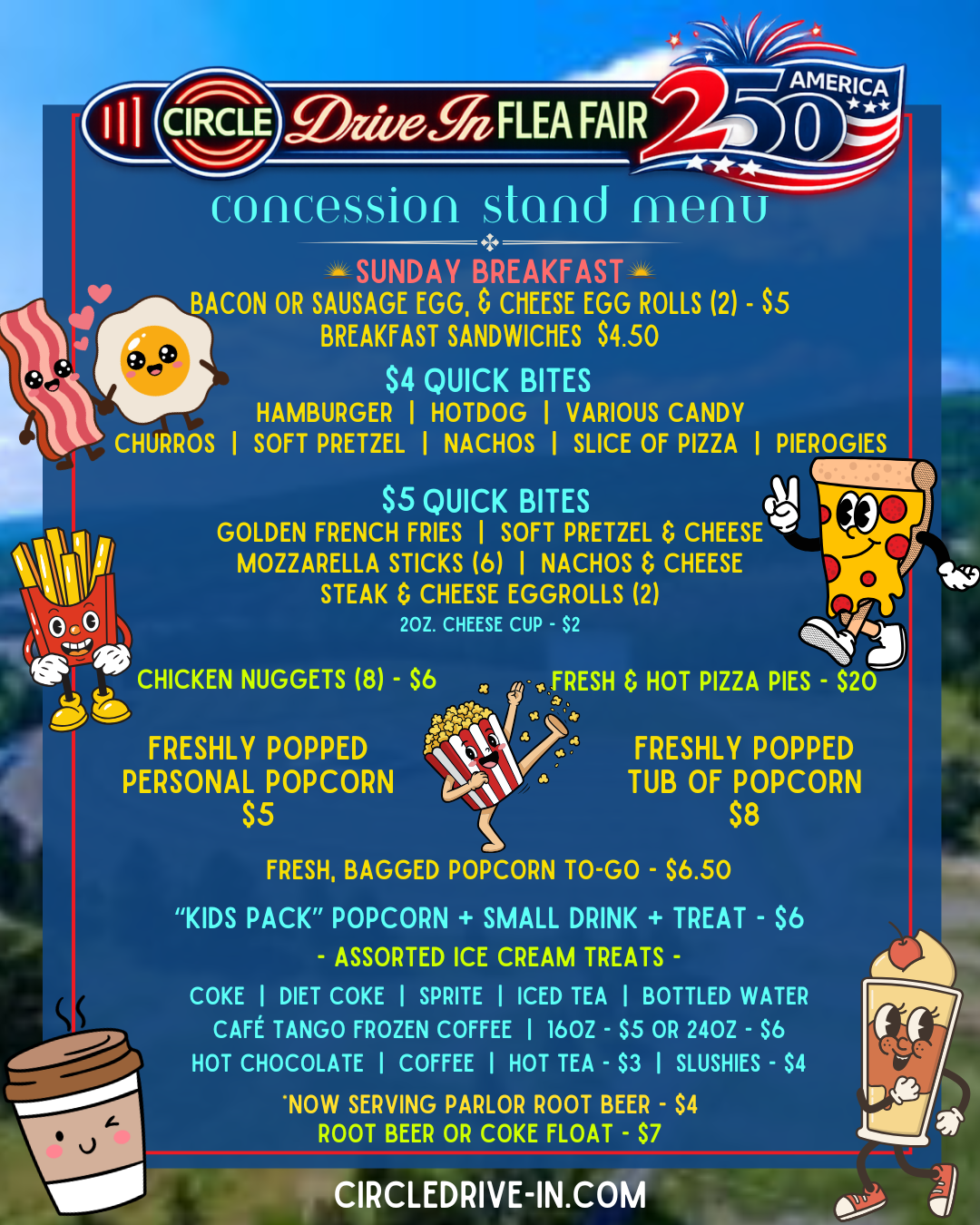 2026 Sunday Flea Fair Concession Stand Menu. Breakfast only available during Sunday Flea Fair.